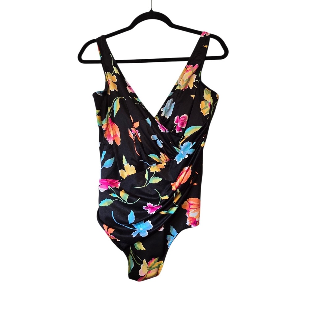 Lands' End Floral One Piece Swimsuit Womens Sz‎ 16 Black Colorful Surplice Top
